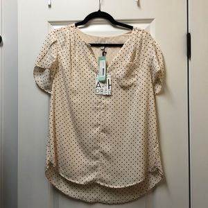 Stitch Fix 41 Hawthorne Carol Tulip Detail Blouse, Large - Blush Polka Dot